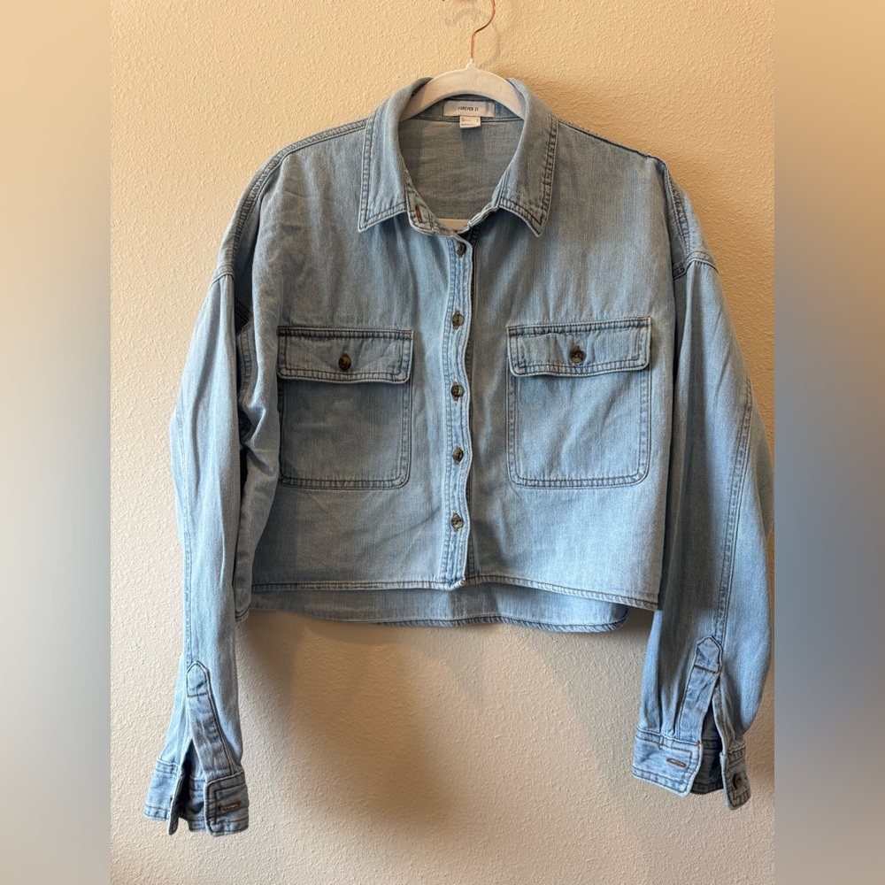 Forever 21 Light Blue Denim Button Up Cropped Shirt